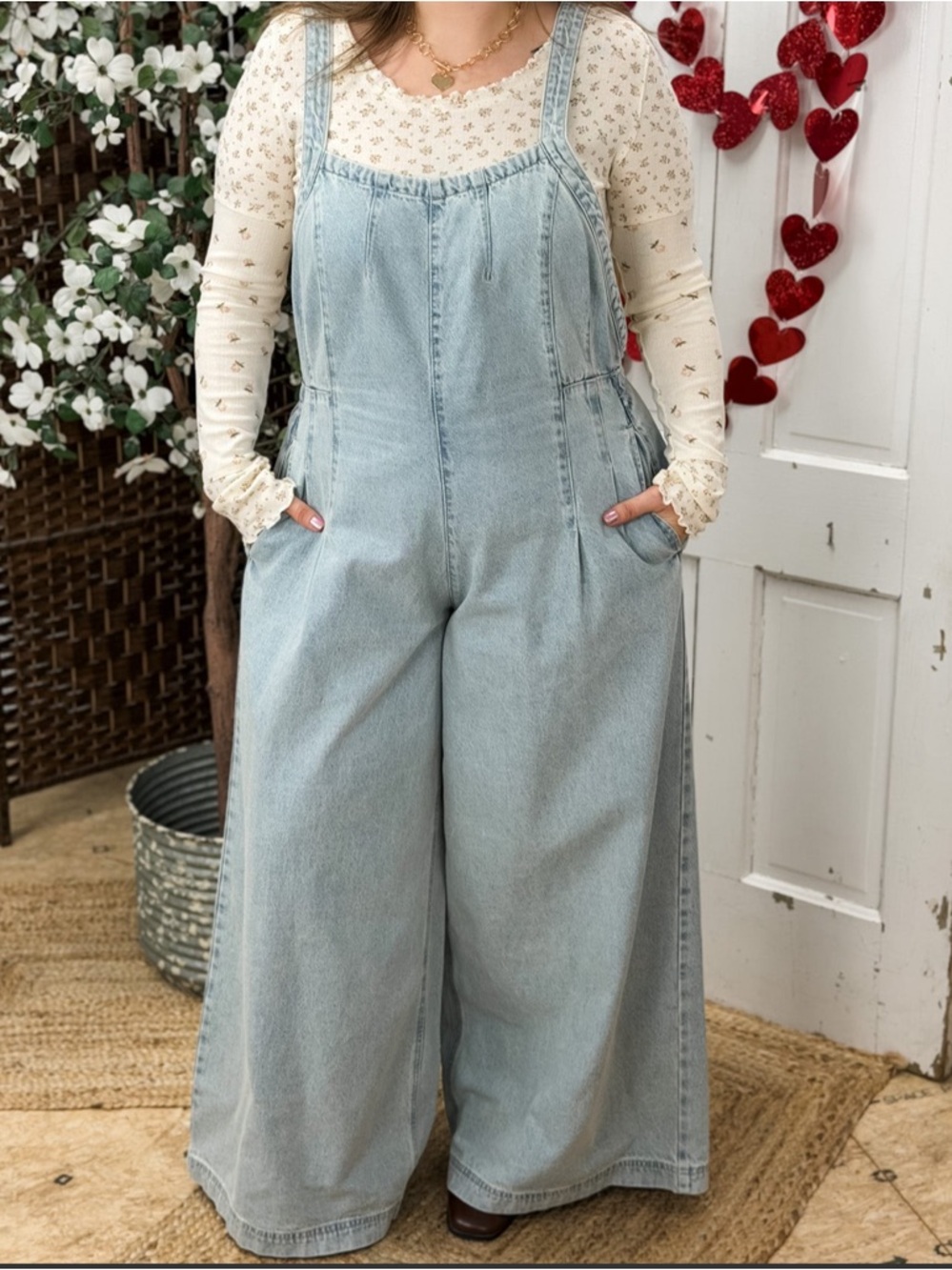 Zenana Outfitters Light Blue Wide-Leg Denim Overalls